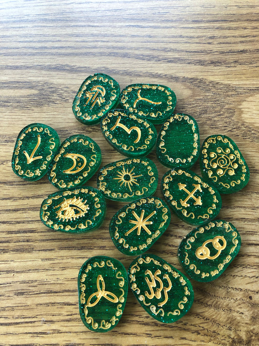 Green and gold witches runes set